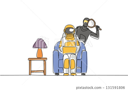 Continuous one line drawing astronaut sits on sofa holding laptop and thief uses a magnifier. The burglary incident. National Senior Fraud Awareness Day. Single line draw design vector illustration Continuous one line drawing astronaut sits on sofa holding laptop and thief uses a magnifier. The burglary incident. National Senior Fraud Awareness Day. Single line draw design vector illustration 131591806