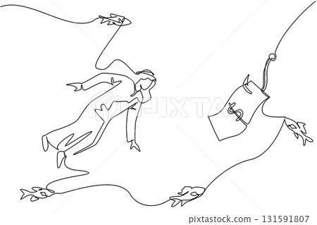 Single one line drawing arab man swims and reaches for banknotes attached to hook. The difficulty of finding trustworthy investors. Trap. Fake. Money Bait. Continuous line design graphic illustration 131591807