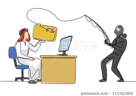 Single continuous line drawing an arab man typing on laptop and the thief fishing for a large credit card. Hacking the system. National Senior Fraud Awareness Day. One line design vector illustration 131591808