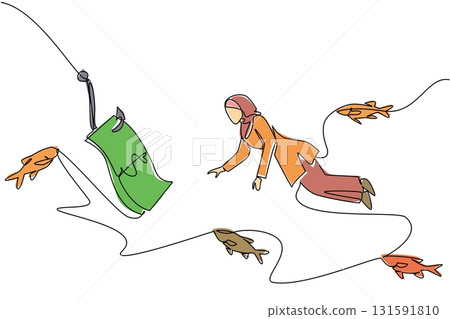 Single continuous line drawing arab woman swims and reaches for banknotes attached to a hook. Helplessness to seek help. Bound in a trap. Dangerous. Money Bait. One line design vector illustration Single continuous line drawing arab woman swims and reaches for banknotes attached to a hook. Helplessness to seek help. Bound in a trap. Dangerous. Money Bait. One line design vector illustration 131591810