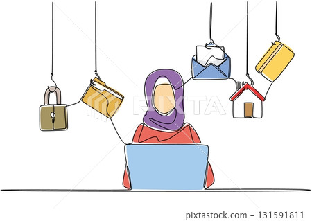 Continuous one line drawing an arab woman typing on a laptop and 5 important icons. Using combination passwords. Safe. National Senior Fraud Awareness Day. Single line draw design vector illustration Continuous one line drawing an arab woman typing on a laptop and 5 important icons. Using combination passwords. Safe. National Senior Fraud Awareness Day. Single line draw design vector illustration 131591811