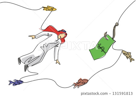 Single one line drawing arab man swims and reaches for banknotes attached to hook. The difficulty of finding trustworthy investors. Trap. Fake. Money Bait. Continuous line design graphic illustration Single one line drawing arab man swims and reaches for banknotes attached to hook. The difficulty of finding trustworthy investors. Trap. Fake. Money Bait. Continuous line design graphic illustration 131591813