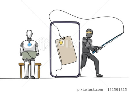 Single continuous line drawing robot sits on laptop and thief fishes large credit card. Penetrating smartest security systems. National Senior Fraud Awareness Day. One line design vector illustration Single continuous line drawing robot sits on laptop and thief fishes large credit card. Penetrating smartest security systems. National Senior Fraud Awareness Day. One line design vector illustration 131591815