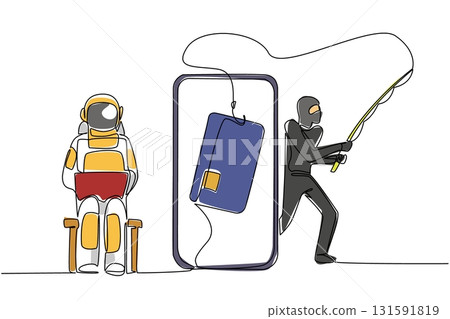 Continuous one line drawing astronaut sits on laptop and thief fishes large credit card. Systematic hacking. Big loss. National Senior Fraud Awareness Day. Single line draw design vector illustration 131591819