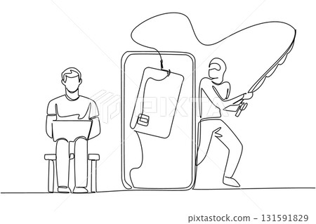 Single one line drawing man sits on small sofa hold laptop and thief fishing credit card. Important data is overlooked. National Senior Fraud Awareness Day. Continuous line design graphic illustration Single one line drawing man sits on small sofa hold laptop and thief fishing credit card. Important data is overlooked. National Senior Fraud Awareness Day. Continuous line design graphic illustration 131591829