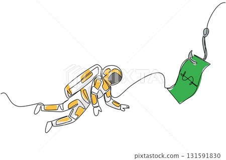Single continuous line drawing astronaut dives and chases a hook attached to a dollar bill. Diving for false profits. Trap. National Senior Fraud Awareness Day. One line design vector illustration Single continuous line drawing astronaut dives and chases a hook attached to a dollar bill. Diving for false profits. Trap. National Senior Fraud Awareness Day. One line design vector illustration 131591830