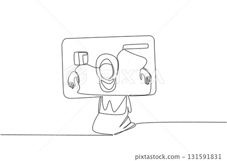 Single continuous line drawing an arab woman trapped her head and both hands in a large credit card. Following the wrong lifestyle. Not fond of saving. Money Bait. One line design vector illustration Single continuous line drawing an arab woman trapped her head and both hands in a large credit card. Following the wrong lifestyle. Not fond of saving. Money Bait. One line design vector illustration 131591831