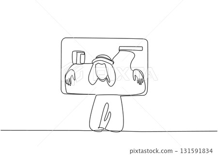Continuous one line drawing an arab man trapped his head and both hands in a large credit card. More expenses than income. Hedonistic lifestyle. Money Bait. Single line draw design vector illustration 131591834