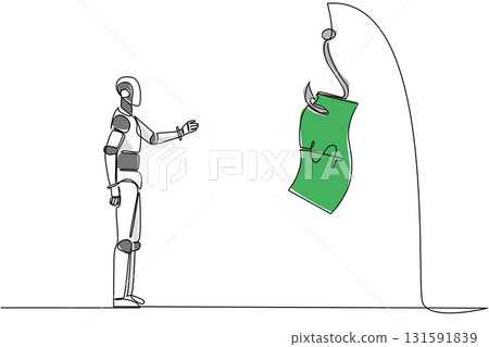 Continuous one line drawing robot is chasing a hook that has a dollar bill attached to it. Camouflage. Trap. Deception. National Senior Fraud Awareness Day. Single line draw design vector illustration 131591839