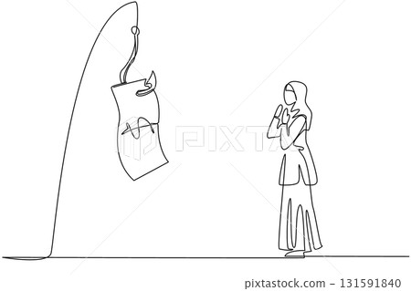 Single continuous line drawing an arab woman chasing hook with dollar bills attached to it. Not thinking clearly. Greed. Trap. National Senior Fraud Awareness Day. One line design vector illustration Single continuous line drawing an arab woman chasing hook with dollar bills attached to it. Not thinking clearly. Greed. Trap. National Senior Fraud Awareness Day. One line design vector illustration 131591840