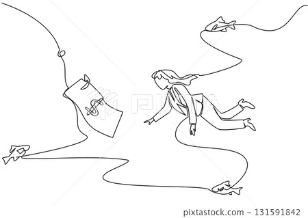 Continuous one line drawing businesswoman swims and reaches for banknotes attached to a hook. Investors want big profits. Causing losses. Risk. Money Bait. Single line draw design vector illustration 131591842
