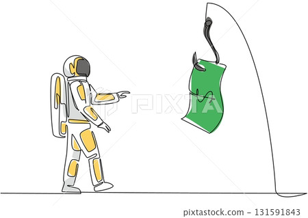 Single one line drawing astronaut chasing a hook that has a dollar bill attached to it. Investing in the wrong place. National Senior Fraud Awareness Day. Continuous line design graphic illustration Single one line drawing astronaut chasing a hook that has a dollar bill attached to it. Investing in the wrong place. National Senior Fraud Awareness Day. Continuous line design graphic illustration 131591843