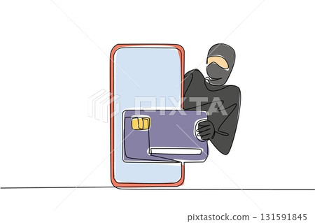 Single one line drawing thief appears from behind smartphone and takes out credit card from inside screen. Cyber crime. National Senior Fraud Awareness Day. Continuous line design graphic illustration Single one line drawing thief appears from behind smartphone and takes out credit card from inside screen. Cyber crime. National Senior Fraud Awareness Day. Continuous line design graphic illustration 131591845