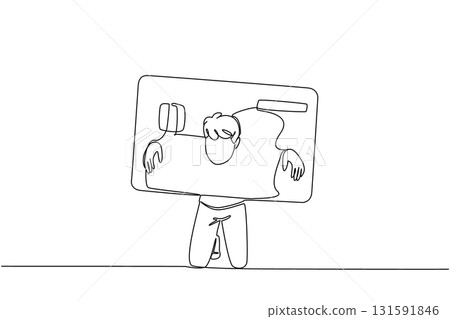 Single continuous line drawing a man trapped his head and both hands in a large credit card. Lifestyle does not match income. Deficit. Trap. Bankruptcy. Money Bait. One line design vector illustration 131591846