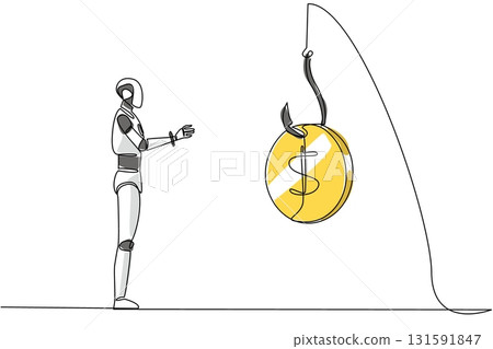 Continuous one line drawing robot chasing a hook with a dollar coin attached. System error. No danger detected. Trap. National Senior Fraud Awareness Day. Single line draw design vector illustration 131591847