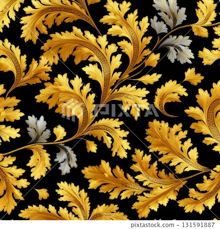 Seamless Luxurious Black and Golden Floral Embellishments  Pattern 131591887