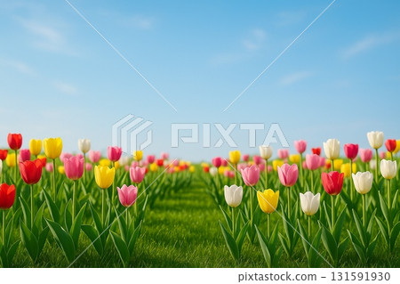 [Stunning Spring Scenery] Colorful tulip fields spreading out under the blue sky [For wallpapers and travel blogs] 131591930