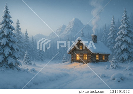 [Winter fantasy landscape] A lit mountain cabin in the snowy forest [Christmas wallpaper] 131591932