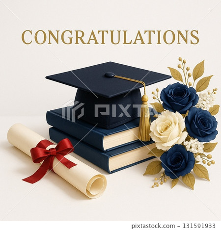 [Congratulations on your graduation] Congratulatory card with mortarboard, diploma, and bouquet [Message/Greeting] 131591933