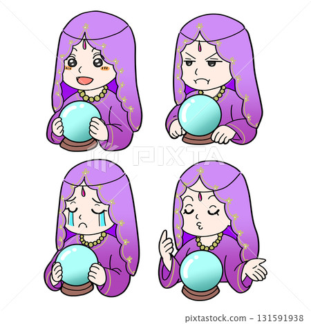 Illustrations and icons depicting the emotions of a fortune teller reading a crystal ball 131591938