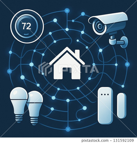 [物聯網與未來生活] 遠端控製家電與安全的智慧家庭概念圖 [AI] 131592109