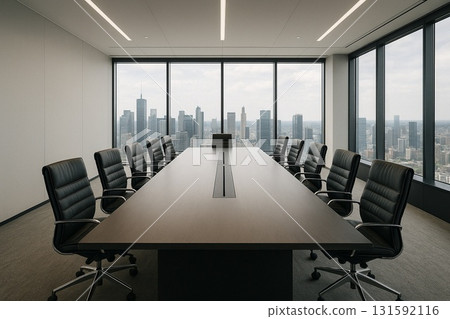[Image of executive meeting/board meeting] A spacious executive meeting room overlooking the city's skyscrapers [Success/Power] 131592116