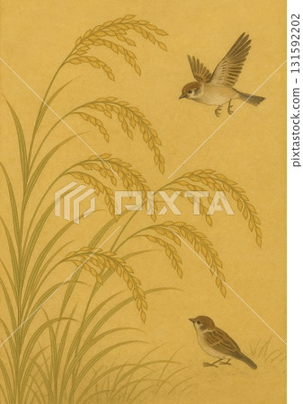 金色背景中的銀草和麻雀 131592202