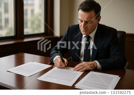[The moment of signing an important contract] A manager and lawyer with serious expressions sign a contract with a fountain pen 131592275