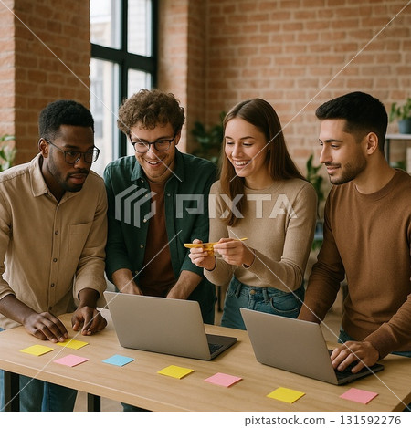 [Startup Life] A multinational team of young creators exchange ideas using sticky notes and computers 131592276