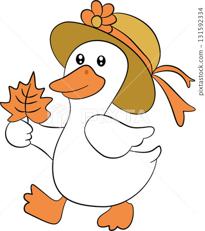 Cartoon of a goose wearing a hat holding an orange maple leaf Cartoon of a goose wearing a hat holding an orange maple leaf 131592334