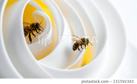 Close-up of a honeybee resting on a white flower petal. Generative AI 131592383