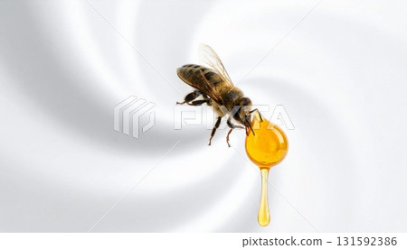 一隻蜜蜂停在一滴蜂蜜上的特寫。生成式人工智慧 131592386