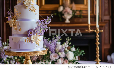 Wedding table decoration with lavender flowers, sweets and cake 131592675