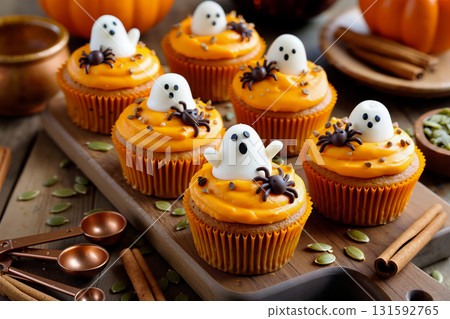 Festive Halloween cupcakes with spooky ghosts and spiders on orange frosting 131592765
