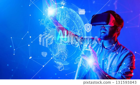 Futuristic young man wearing virtual reality headset interacting with holographic artificial intelligence graphics in vibrant blue light. Raster 131593843