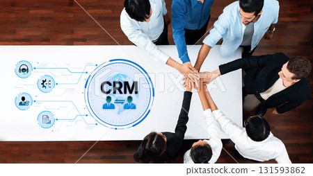 Team Collaboration on Customer Relationship Management Concept in Office Setting with Diverse Professionals Teamwork and Technology Interaction Trope 131593862