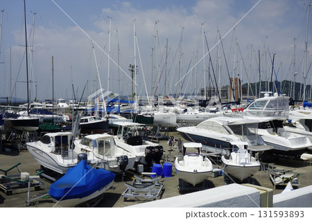 August 8, 2020, Zushi City, Kanagawa Prefecture: A midsummer port town with yachts moored at Zushi Marina 131593893