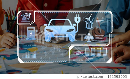 Conceptual Image of Electric Vehicle Design and Development with Sustainable Energy Icons Representing Future Mobility Solutions and Eco-Friendly Technology. Raster 131593903