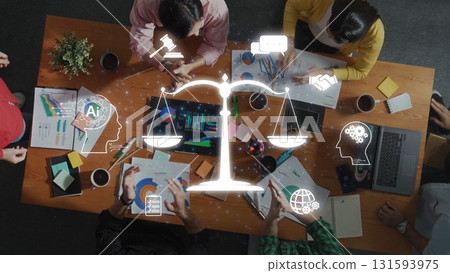 Business Meeting on Legal Technology with Scale Symbol and Data Charts Representing Justice and Analytics in Modern Workplace Environment. Raster Business Meeting on Legal Technology with Scale Symbol and Data Charts Representing Justice and Analytics in Modern Workplace Environment. Raster 131593975