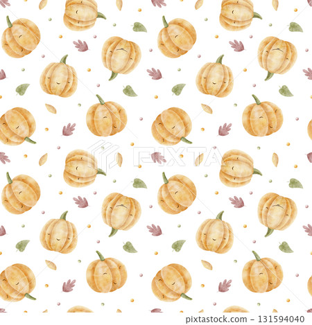 Pumpkin pattern with colorful autumn leaves. Hand-drawn watercolor illustration in childish Halloween style. Seamless print isolated on background for clothing, fabric, textiles, packaging, wallpaper Pumpkin pattern with colorful autumn leaves. Hand-drawn watercolor illustration in childish Halloween style. Seamless print isolated on background for clothing, fabric, textiles, packaging, wallpaper 131594040
