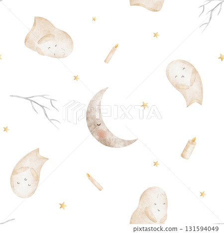 Watercolor Halloween pattern ghost, moon flying candles, stars. Hand-drawn illustration in childish vintage style. Seamless print isolated from background for textiles, fabrics, clothing, packaging 131594049