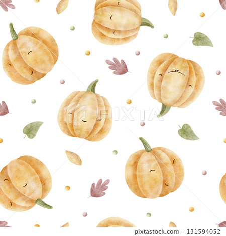 Pumpkin pattern with colorful autumn leaves. Hand-drawn watercolor illustration in childish Halloween style. Seamless print isolated on background for clothing, fabric, textiles, packaging, wallpaper 131594052