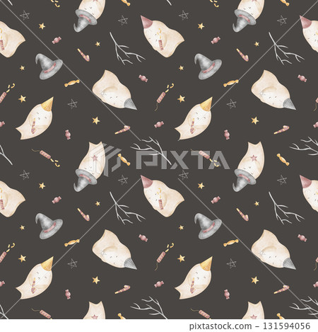 Watercolor pattern ghost Halloween party hat, witch hat, popper, whistle. Hand-drawn illustration in childish style. Seamless print on dark gray background for clothing, textiles, packaging, wallpaper 131594056