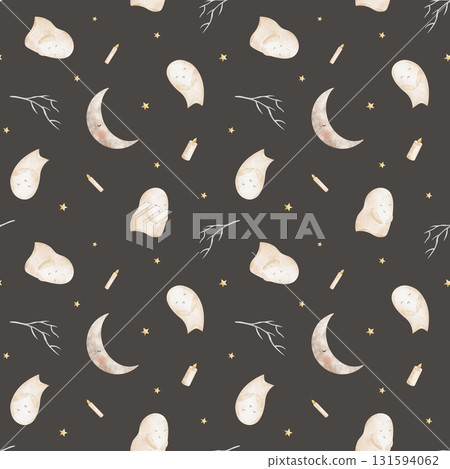 Watercolor Halloween pattern ghost, moon flying candles, stars. Hand-drawn illustration in childish vintage style. Seamless print on dark gray background for textiles, fabrics, clothing, packaging Watercolor Halloween pattern ghost, moon flying candles, stars. Hand-drawn illustration in childish vintage style. Seamless print on dark gray background for textiles, fabrics, clothing, packaging 131594062