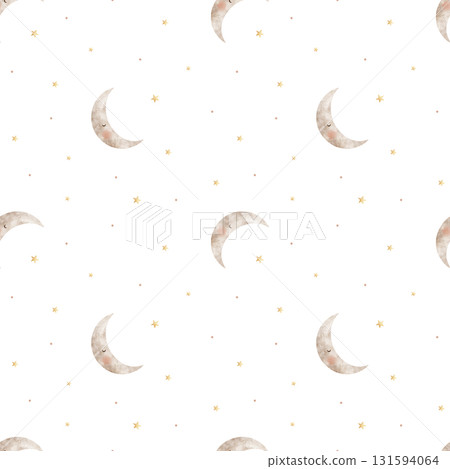 Pattern cute moon with golden stars. Hand-drawn watercolor illustration in childish style. Seamless print isolated on background for clothing, fabric, textiles, packaging, wallpaper, printing Pattern cute moon with golden stars. Hand-drawn watercolor illustration in childish style. Seamless print isolated on background for clothing, fabric, textiles, packaging, wallpaper, printing 131594064