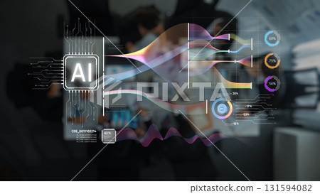 Modern Technology Illustration Featuring Artificial Intelligence with Digital Data Visualization and Innovative Graphic Elements for Design Projects. Raster 131594082