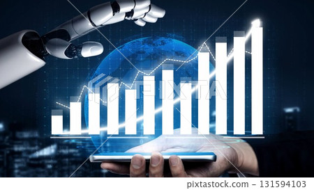 Futuristic robot hand analyzing data on a smartphone with growing financial chart in the background depicting progress and technological advancements Copula 131594103