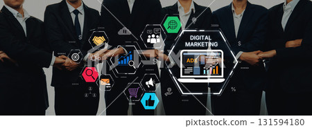 Professionals in Business Suits Engaging in Digital Marketing Strategies with Innovative Graphs and Social Media Icons in Modern Office Setting Trope Professionals in Business Suits Engaging in Digital Marketing Strategies with Innovative Graphs and Social Media Icons in Modern Office Setting Trope 131594180