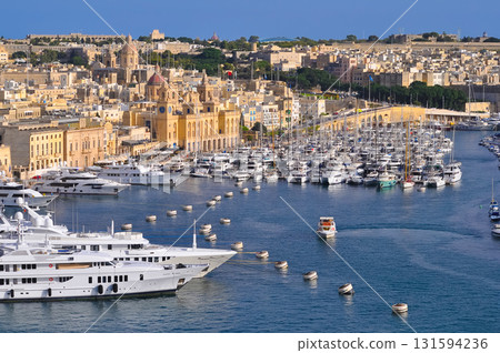 Many little yachts and boats from plan wiev to the bay near Valletta in Malta 131594236