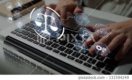 Digital law interface displaying justice scale, highlighting digital law Muxer 131594249